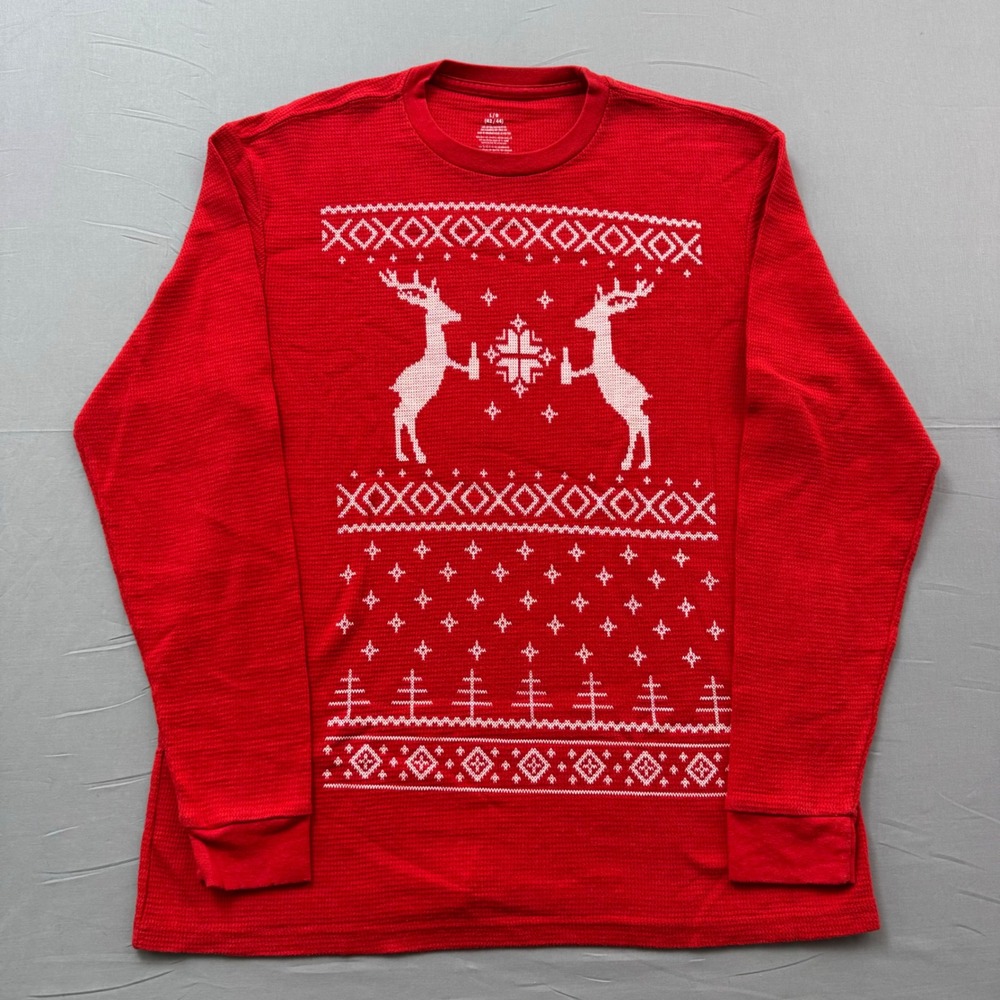 Mens Red Fair Isle Reindeer‎ Waffle Knit Thermal Long Sleeve Shirt Large